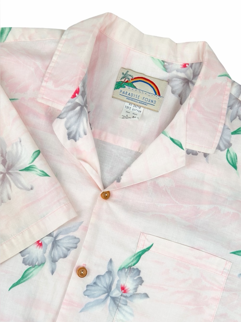 Paradise Found Men’s Large Hawaiian Shirt Pink Floral 100% Cotton Made Hawaii